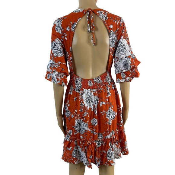 Women Boho Dress Medium M Orange White Floral Hem Ruffled Backless Elastic Waist - Picture 6 of 16